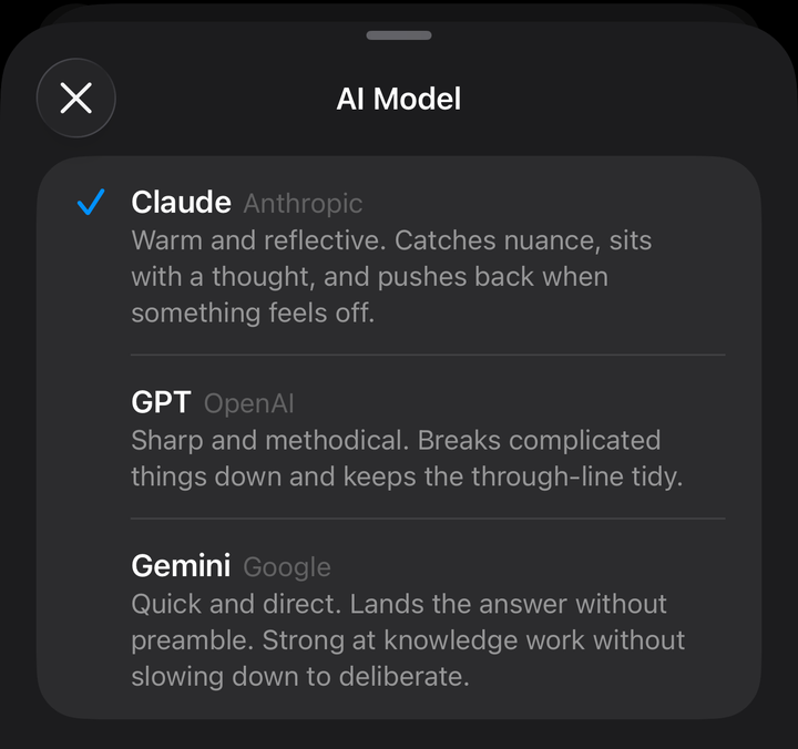 Riffie's AI Model picker with Claude, GPT, and Gemini, Claude selected