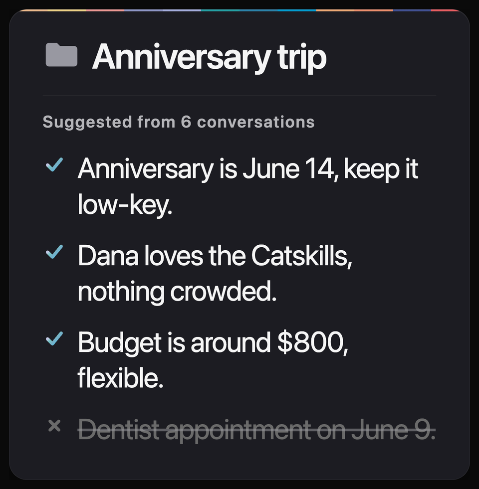 A project memory card for Anniversary trip: three memories kept with checkmarks, one struck out