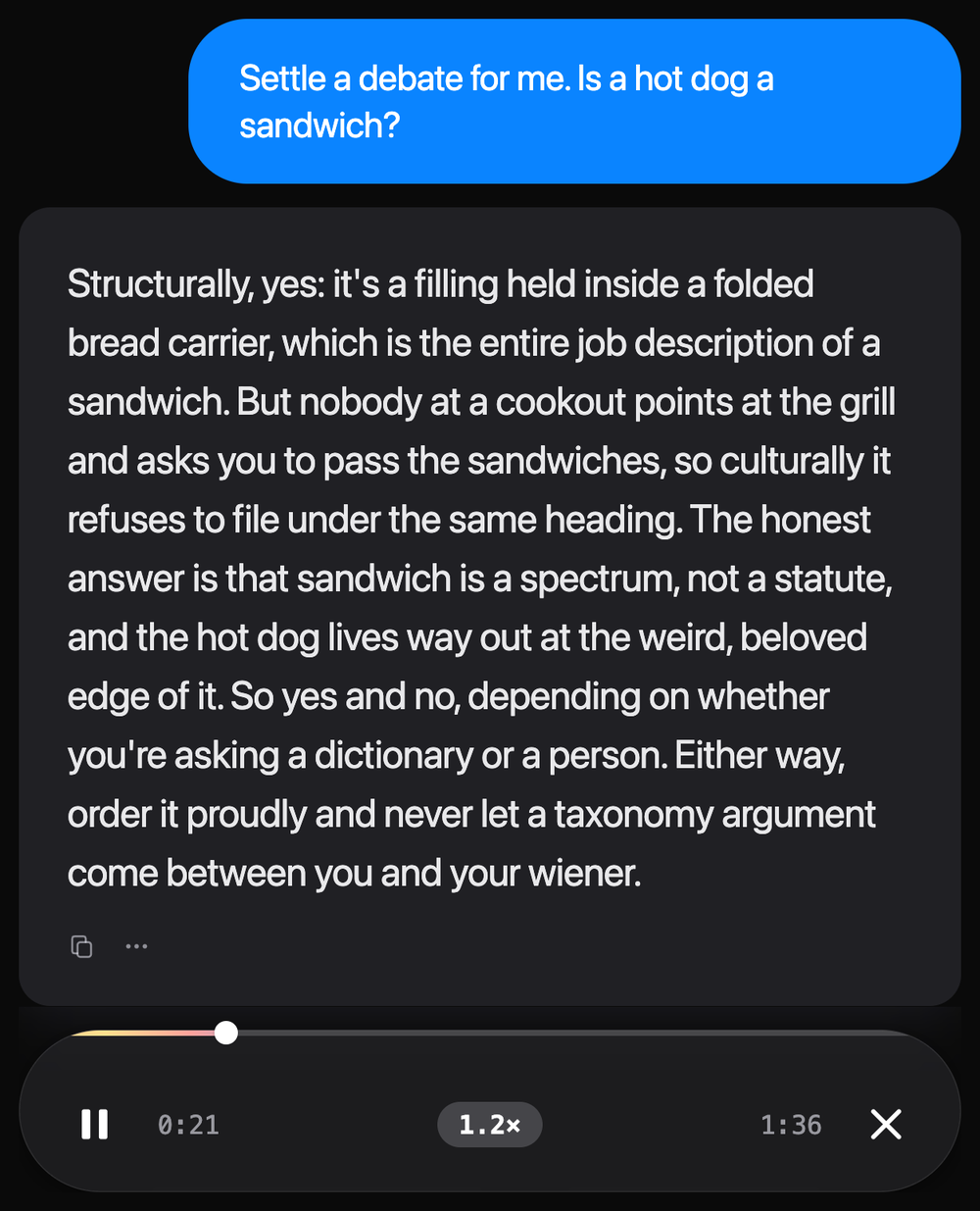 A Riffie reply streaming in with the playback dock at 1.2 times speed