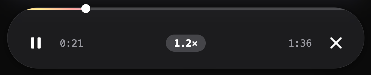 Riffie's playback dock mid-reply: scrubber, 1.2x speed, 21 seconds into a 1:36 response
